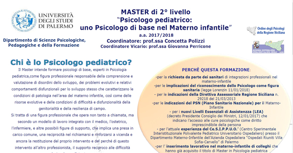 Master di 2° livello Psicologo pediatrico: uno Psicologo di base nel Materno infantile - Nuova Scadenza 20-06-2018